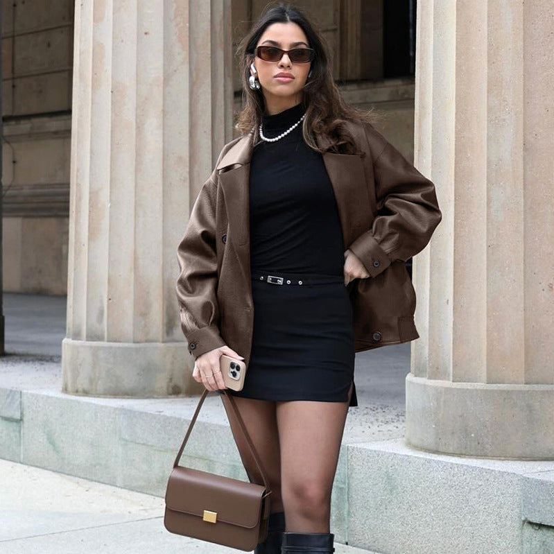 The 'Chic Command' Loose-Fit Faux Leather Blouson | Suit Collar Outerwear Feminé Luxé