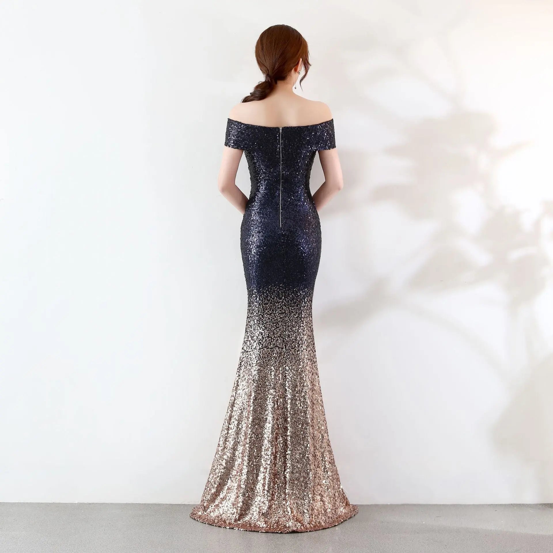 Luxury Gradient Sequin Mermaid Evening Dress – Off-Shoulder Slim Fit Feminé Luxé