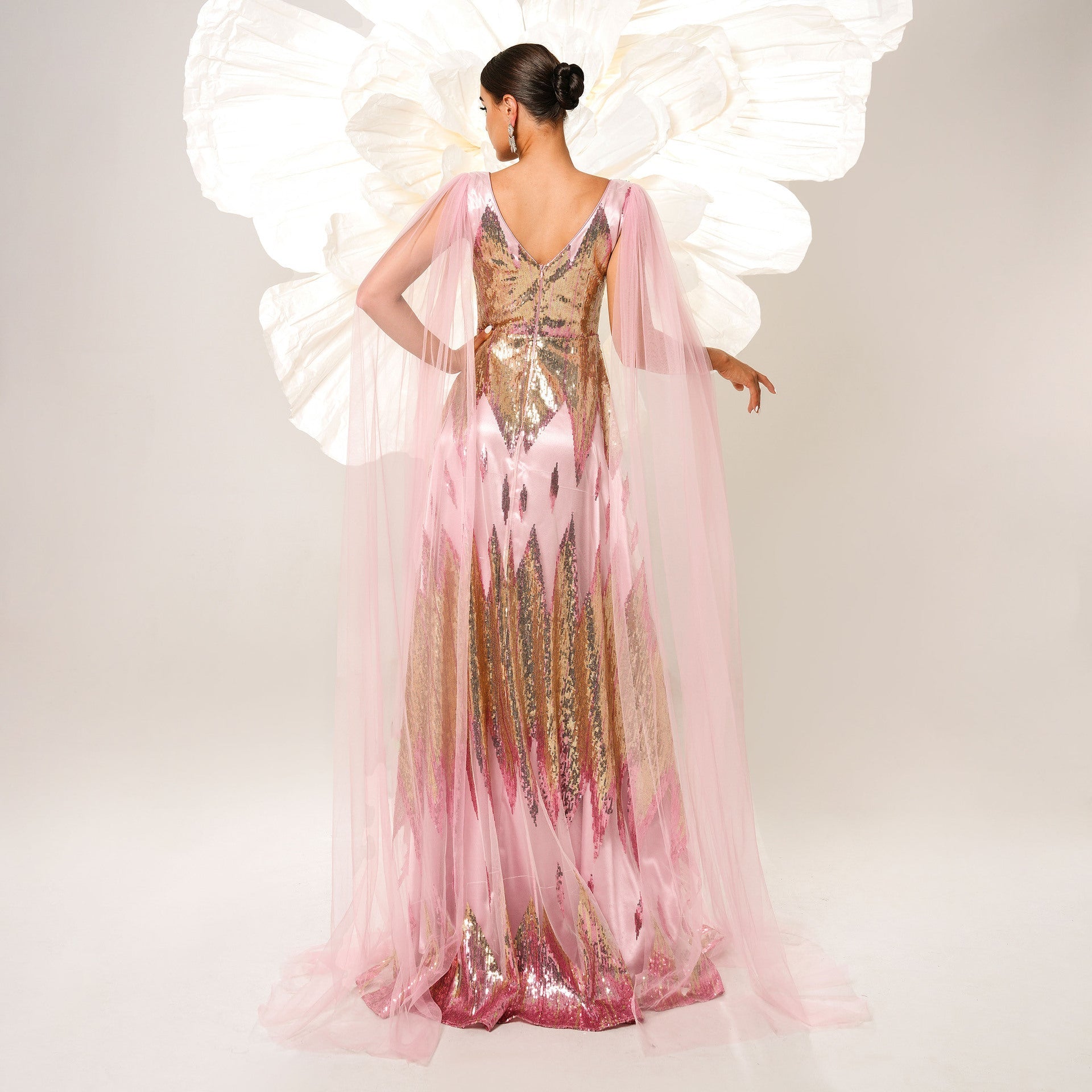 Mesh Long Sleeve V-Neck Sequins Swing Evening Gown Feminé Luxé