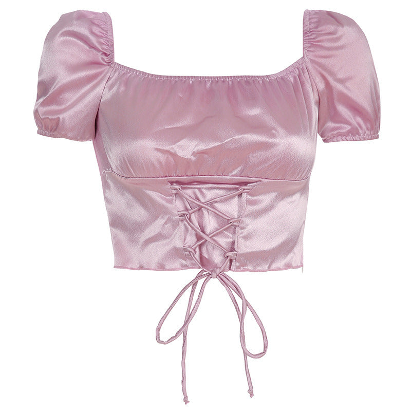 Silky Satin Corset Style Lace-Up Top - Princess Sleeves Feminé Luxé