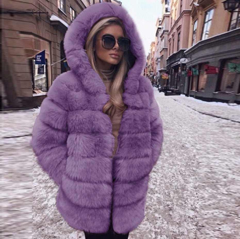 Luxury Fluffy Faux Fur Hooded Winter Coat Feminé Luxé