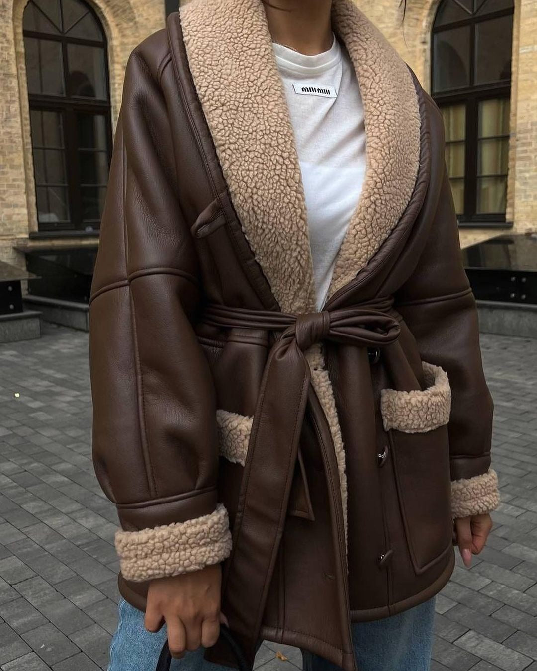Korean Style Vegan Leather & Faux Fur Wrap Coat Feminé Luxé