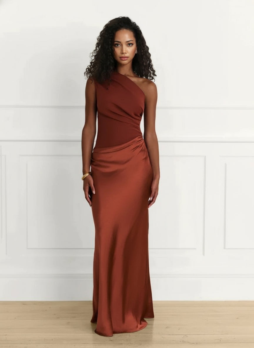 Espresso One-Shoulder Satin Gown Feminé Luxé