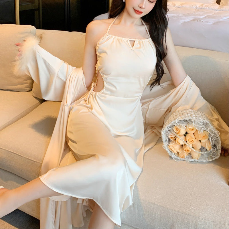 Luxurious Stretch Satin Night Gown / Robe - Long Sleeve Halter Dress Feminé Luxé