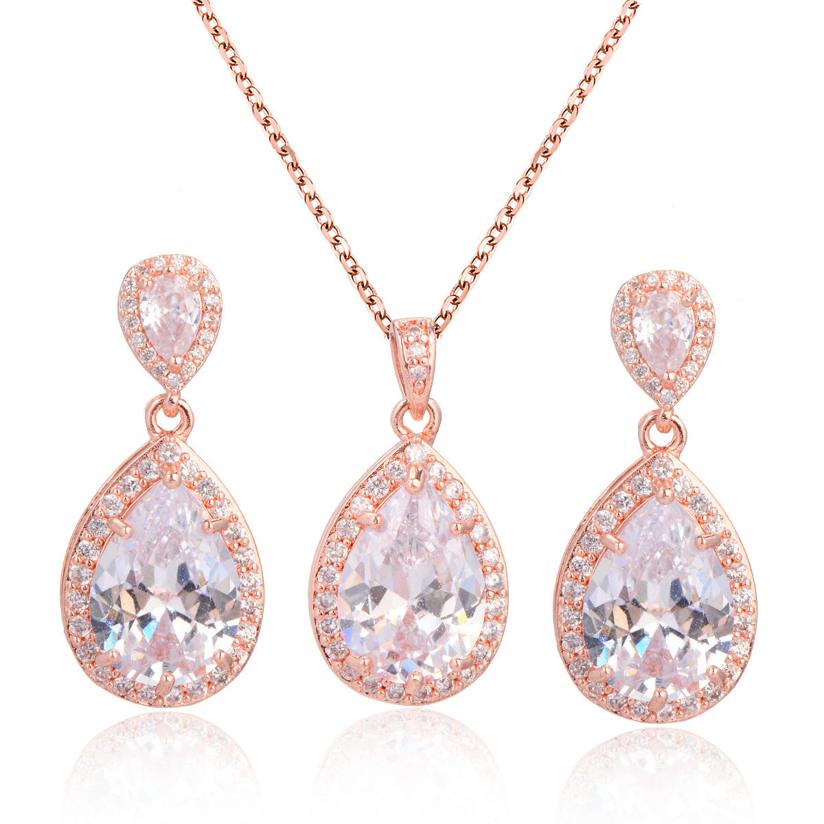 Vibrant Teardrop Zircon Bridal Set: Diamond-Treated Necklace & Earrings in 14K Gold/Platinum Plating for Bold Elegance Feminé Luxé