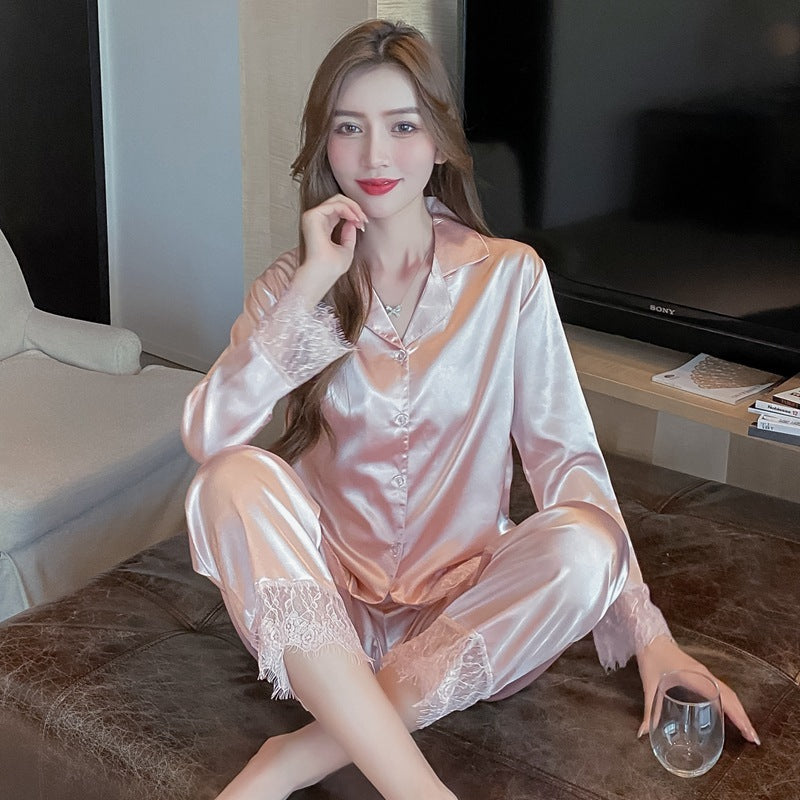 Women's Summer "Ice Silk" Satin Pajama Set - Long Sleeve Lace Trim Loungewear Feminé Luxé