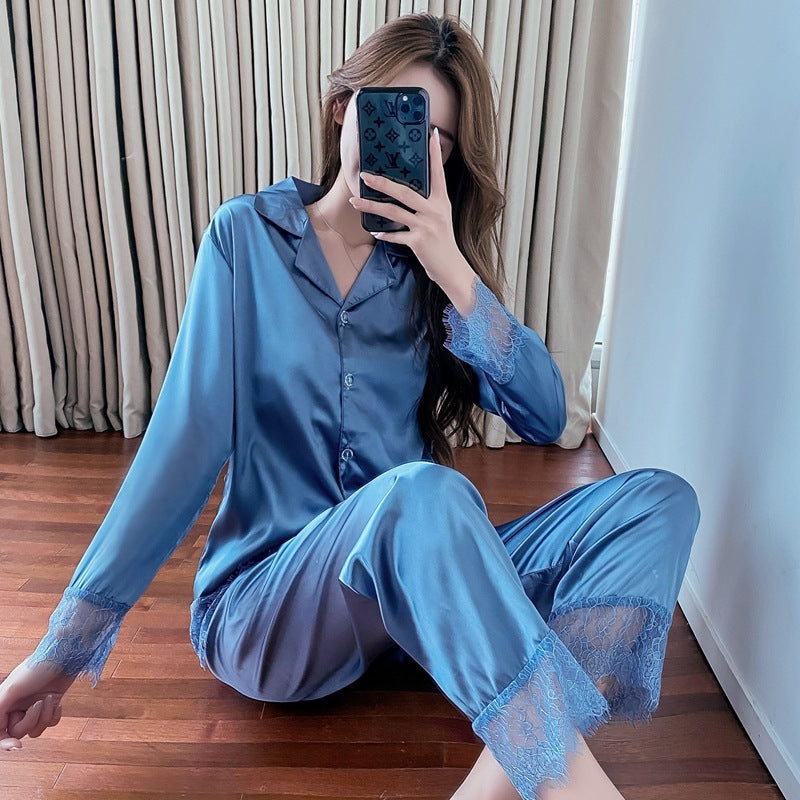 Women's Summer "Ice Silk" Satin Pajama Set - Long Sleeve Lace Trim Loungewear Feminé Luxé