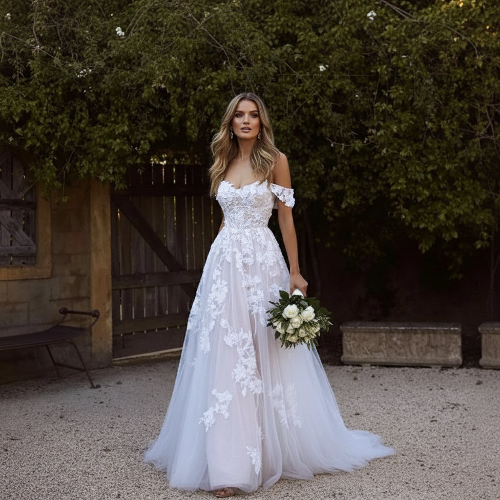 Romantic Off-the-Shoulder Lace A-Line Gown - Elegant Princess Bridal Dress Feminé Luxé