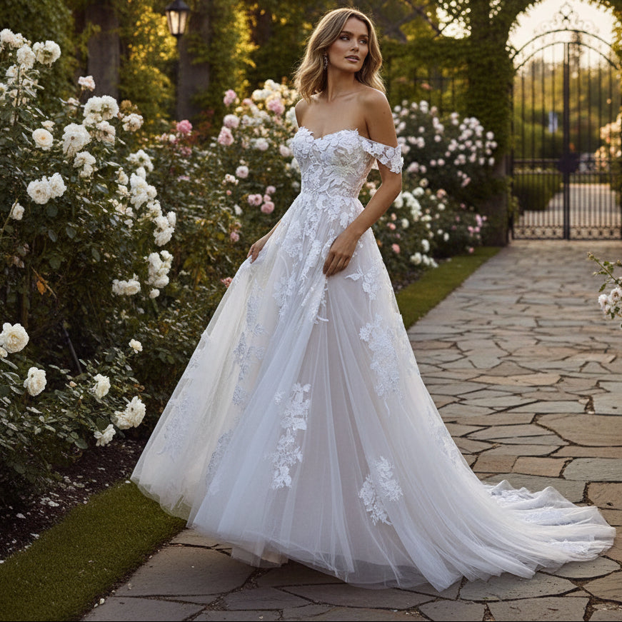 Romantic Off-the-Shoulder Lace A-Line Gown - Elegant Princess Bridal Dress Feminé Luxé
