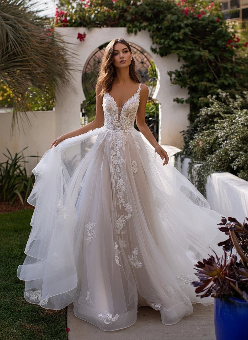 Exquisite Deep V-Back Lace Bridal Gown - Luxury Spaghetti Strap Wedding Dress Feminé Luxé