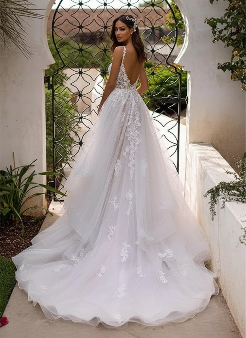 Exquisite Deep V-Back Lace Bridal Gown - Luxury Spaghetti Strap Wedding Dress Feminé Luxé