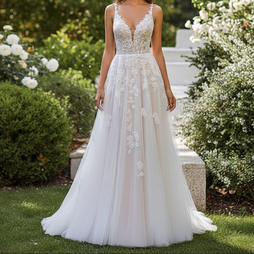 Exquisite Deep V-Back Lace Bridal Gown - Luxury Spaghetti Strap Wedding Dress Feminé Luxé