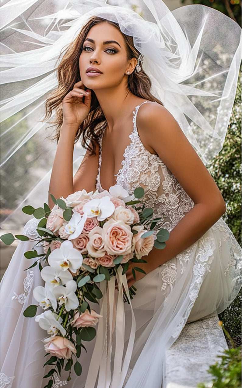 Exquisite Deep V-Back Lace Bridal Gown - Luxury Spaghetti Strap Wedding Dress Feminé Luxé