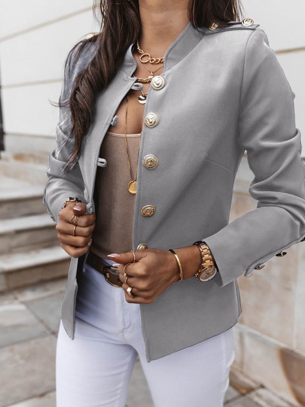 The Regal Military-Inspired Slim Blazer – High Neck Detail Feminé Luxé