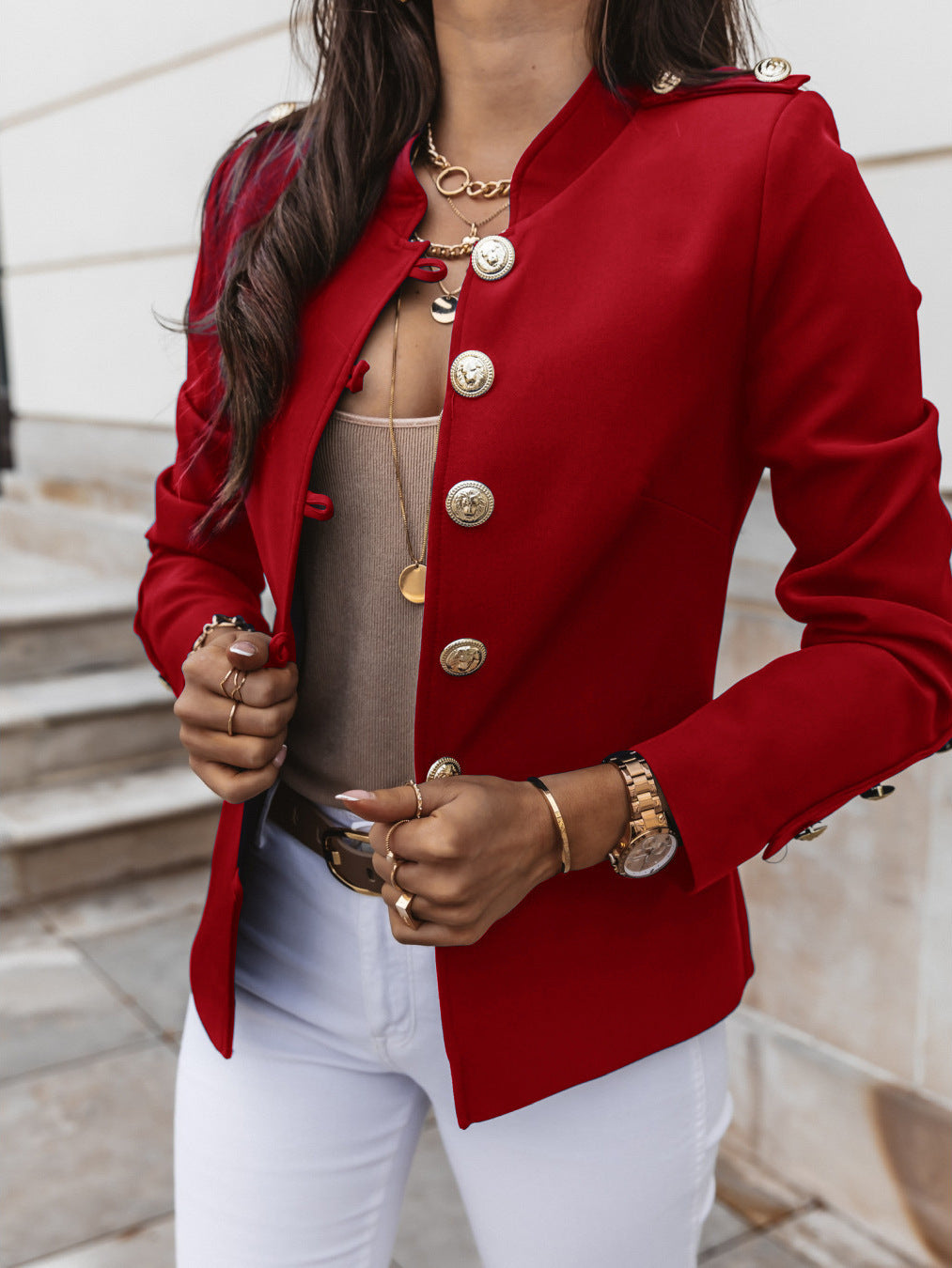 The Regal Military-Inspired Slim Blazer – High Neck Detail Feminé Luxé