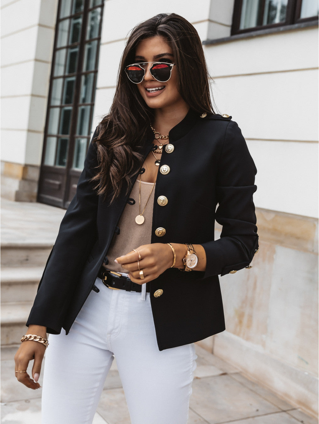 The Regal Military-Inspired Slim Blazer – High Neck Detail Feminé Luxé