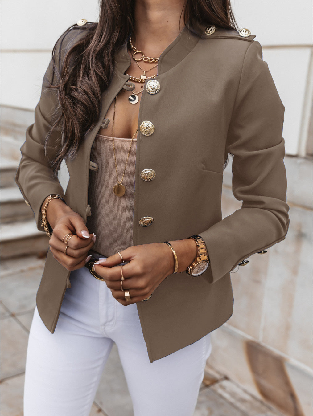 The Regal Military-Inspired Slim Blazer – High Neck Detail Feminé Luxé