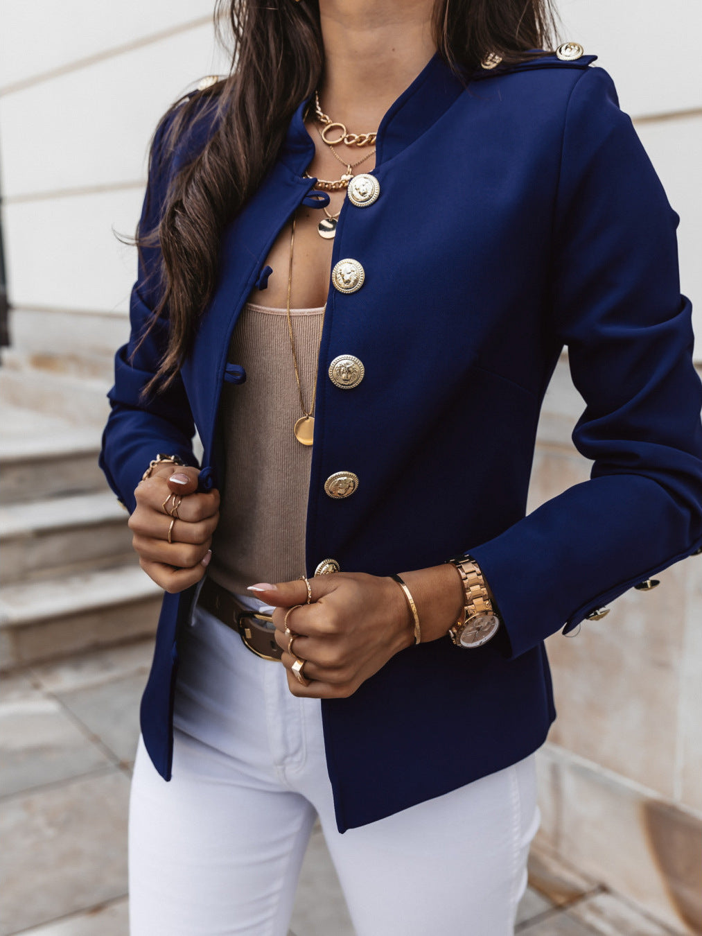 The Regal Military-Inspired Slim Blazer – High Neck Detail Feminé Luxé