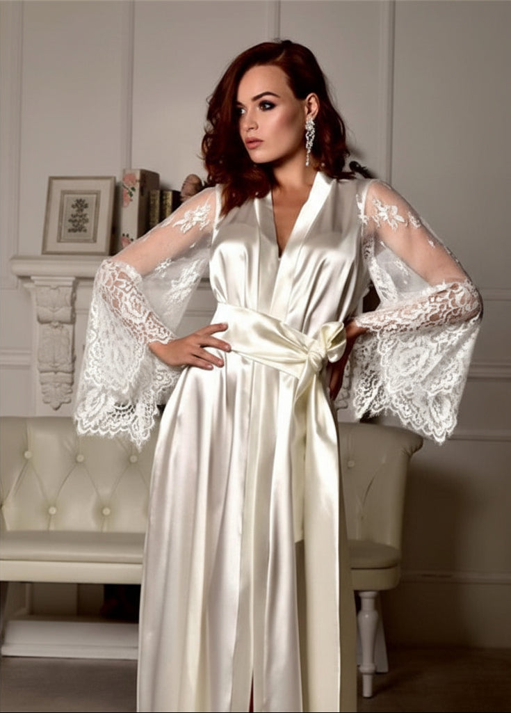 The High-Glamour Silk-Satin Robe with Bell Sleeve Lace Detail Feminé Luxé