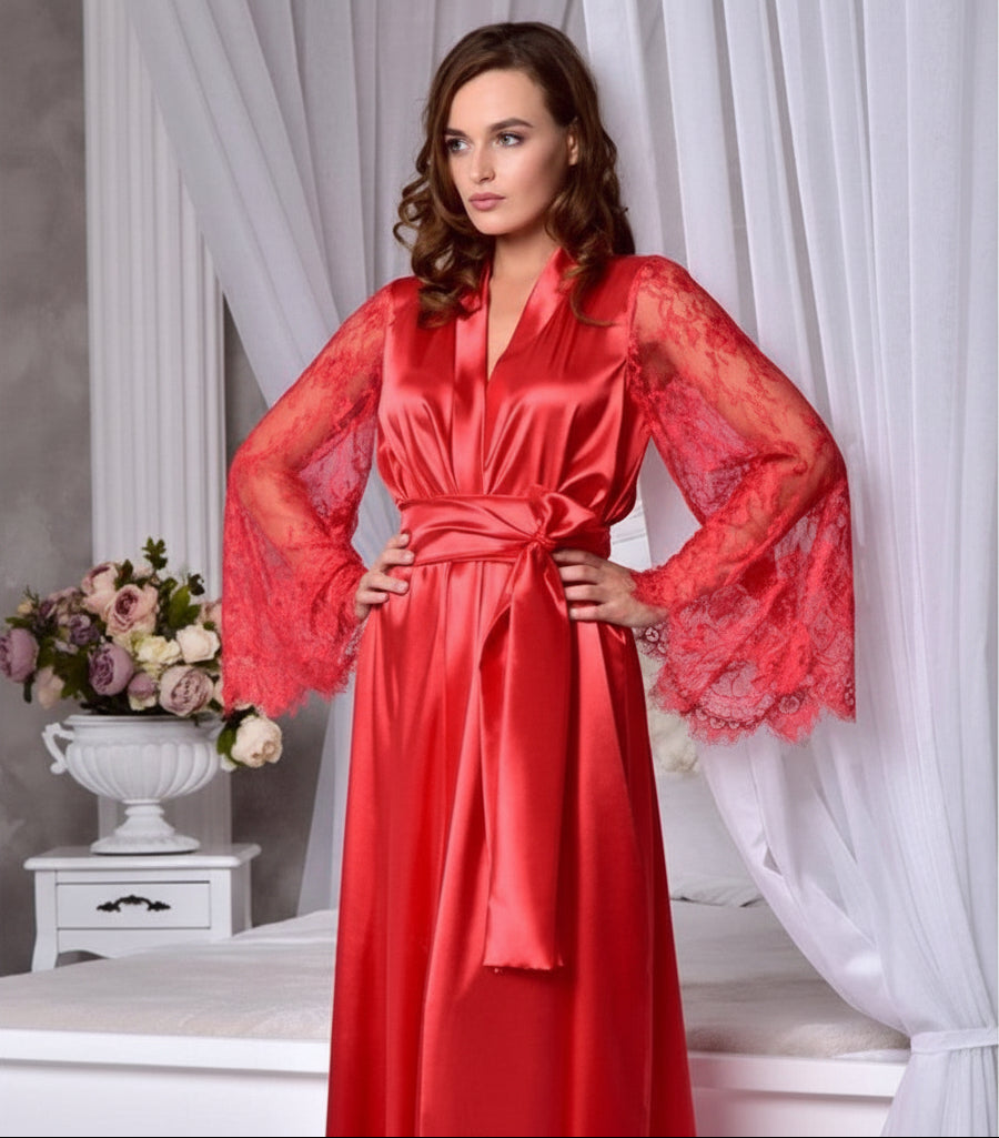 The High-Glamour Silk-Satin Robe with Bell Sleeve Lace Detail Feminé Luxé