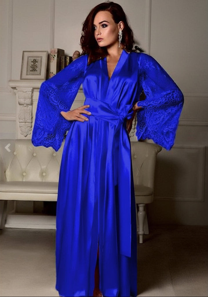The High-Glamour Silk-Satin Robe with Bell Sleeve Lace Detail Feminé Luxé