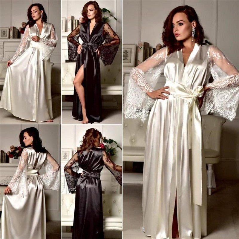The High-Glamour Silk-Satin Robe with Bell Sleeve Lace Detail Feminé Luxé