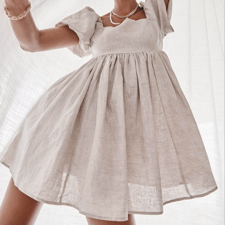 Khaki Puff Sleeve Square Neck Mini Dress Feminé Luxé