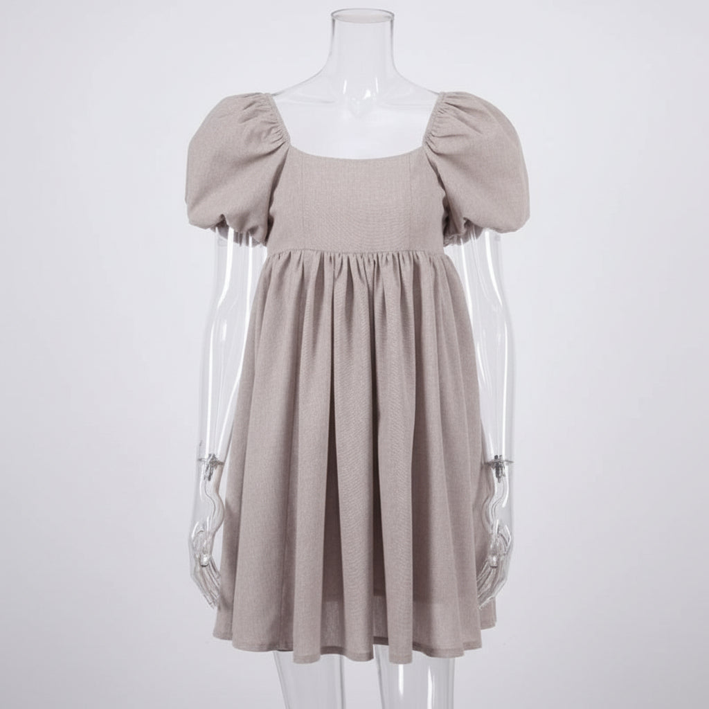 Khaki Puff Sleeve Square Neck Mini Dress Feminé Luxé