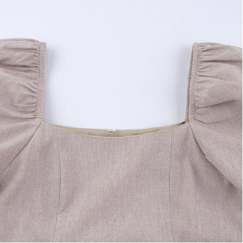 Khaki Puff Sleeve Square Neck Mini Dress Feminé Luxé