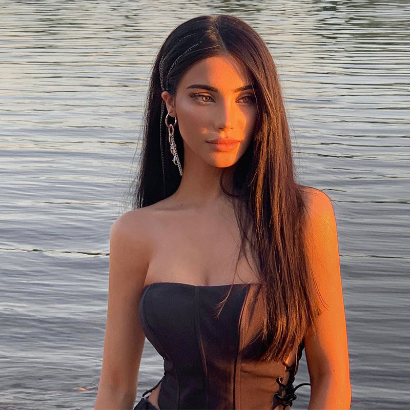 Obsidian Lace-Up Strapless Bustier Top Feminé Luxé