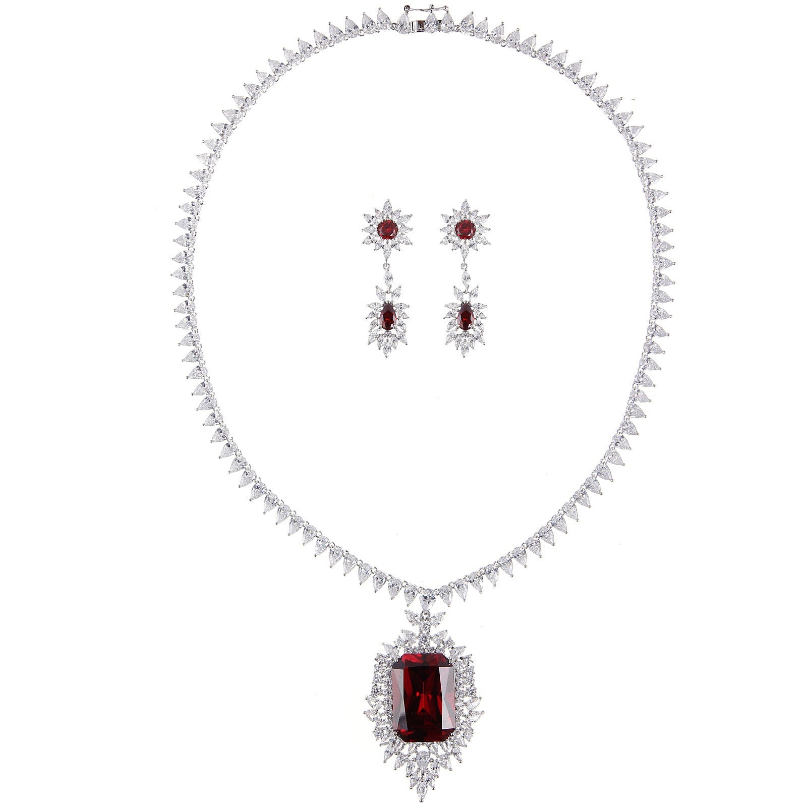 Grand European Style Red Crystal Statement Necklace & Bridal Earrings Set Feminé Luxé
