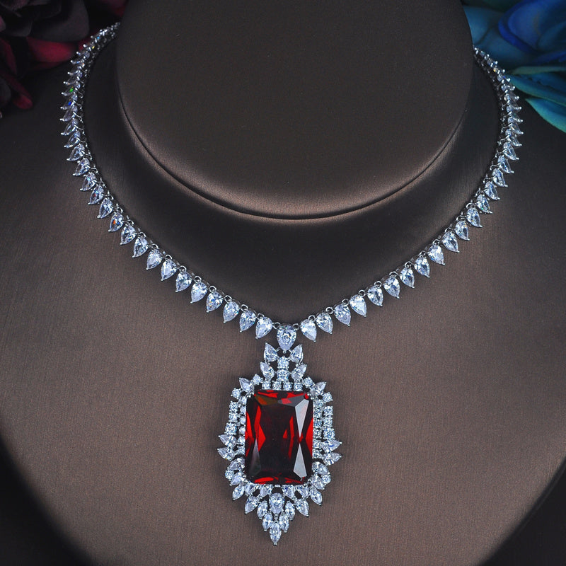 Grand European Style Red Crystal Statement Necklace & Bridal Earrings Set Feminé Luxé