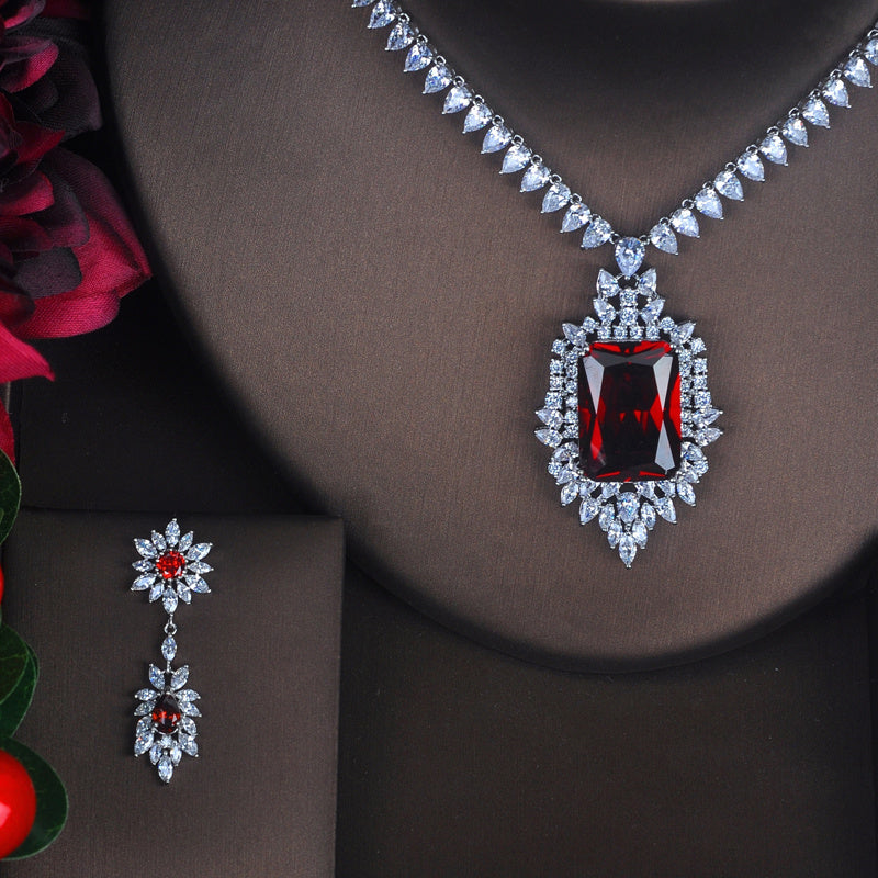 Grand European Style Red Crystal Statement Necklace & Bridal Earrings Set Feminé Luxé