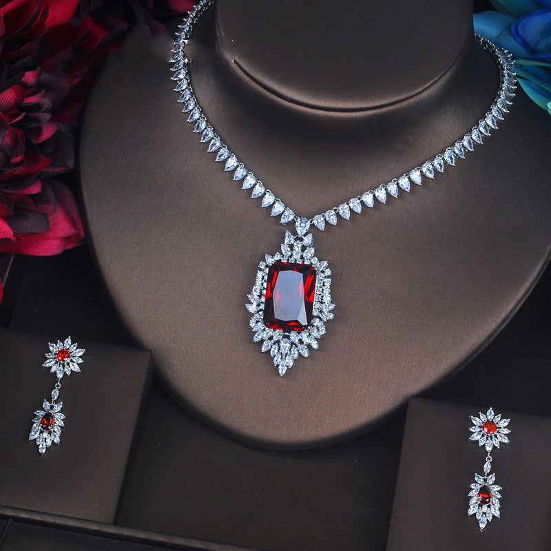 Grand European Style Red Crystal Statement Necklace & Bridal Earrings Set Feminé Luxé