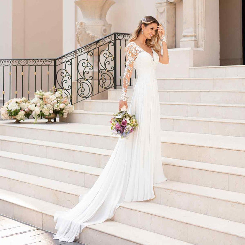 Elegant Deep V-Neck Chiffon Gown with Lace Sleeves - Effortless Civil Wedding Dress Feminé Luxé
