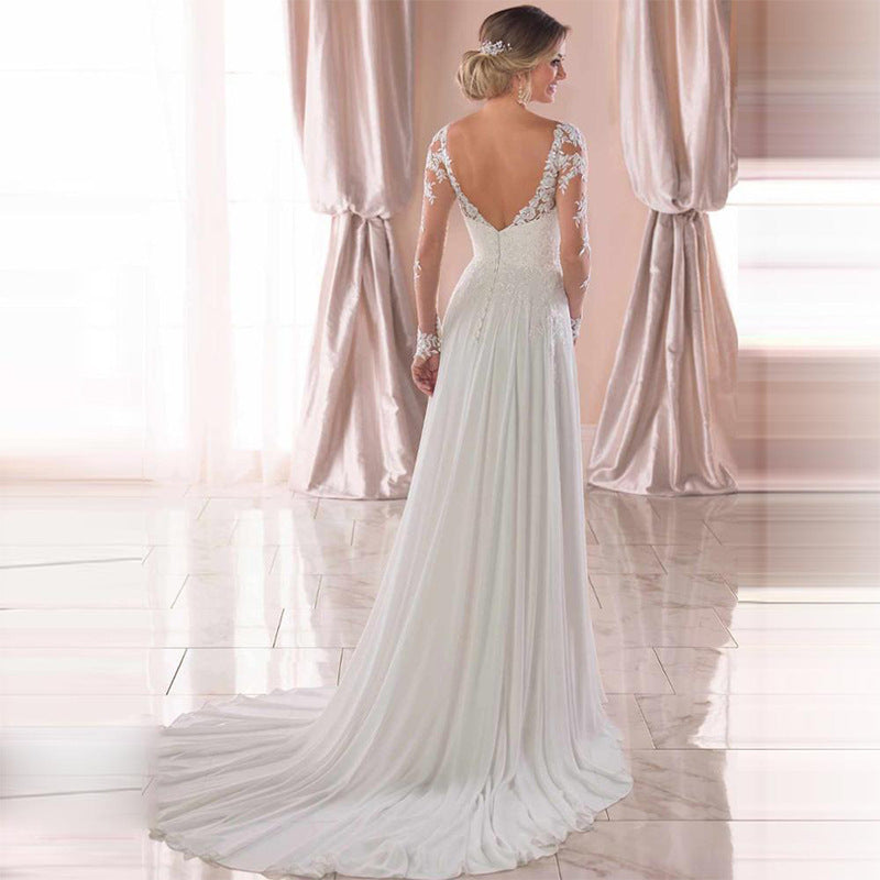 Elegant Deep V-Neck Chiffon Gown with Lace Sleeves - Effortless Civil Wedding Dress Feminé Luxé
