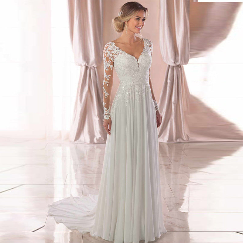 Elegant Deep V-Neck Chiffon Gown with Lace Sleeves - Effortless Civil Wedding Dress Feminé Luxé