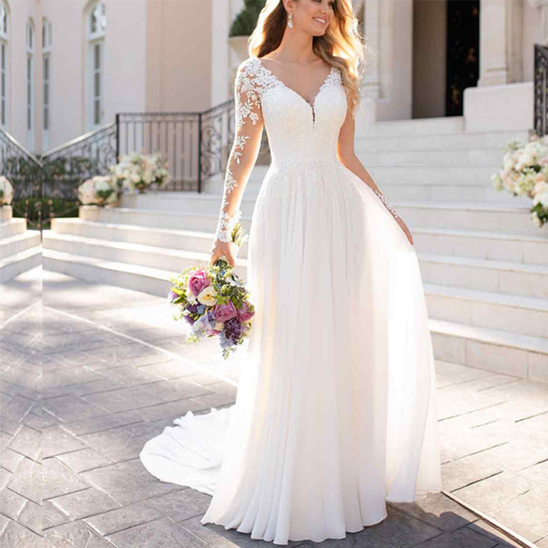 Elegant Deep V-Neck Chiffon Gown with Lace Sleeves - Effortless Civil Wedding Dress Feminé Luxé