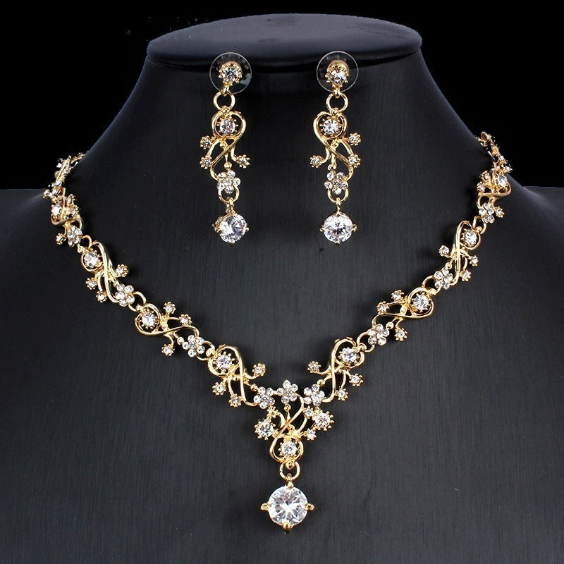 Delicate Golden Zircon Floral Two-Piece Jewelry Set: Wedding Necklace & Dangling Earrings for Ethereal Elegance Feminé Luxé
