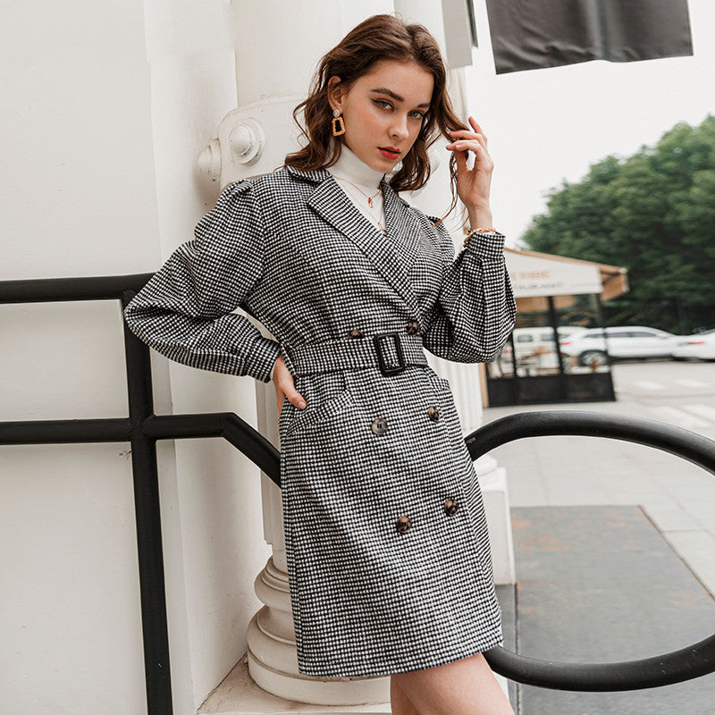 Woven Check Trench Coat with Warm Faux Fur Lining Feminé Luxé