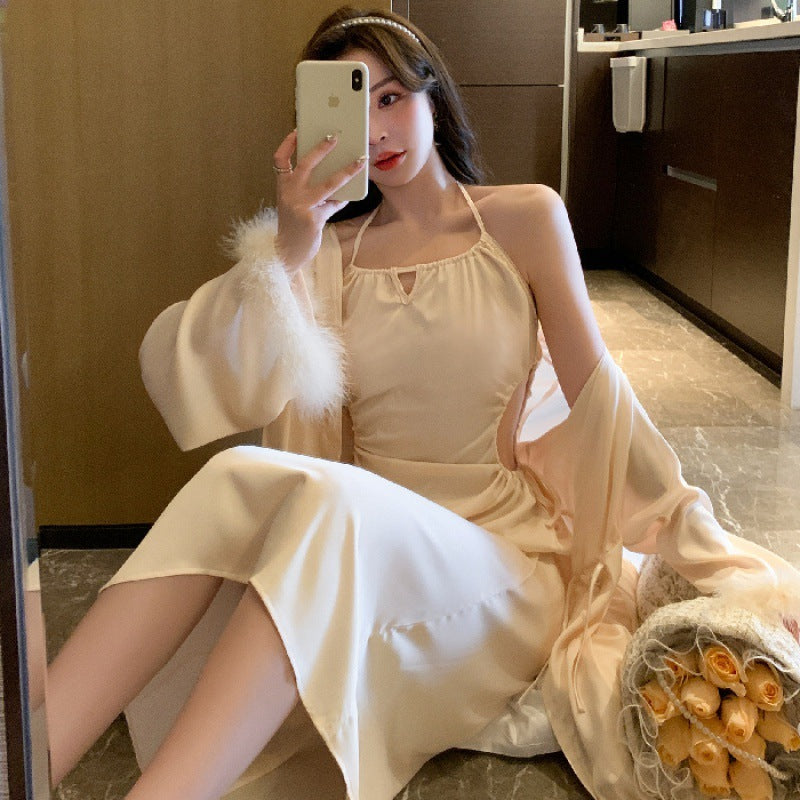 Luxurious Stretch Satin Night Gown / Robe - Long Sleeve Halter Dress Feminé Luxé