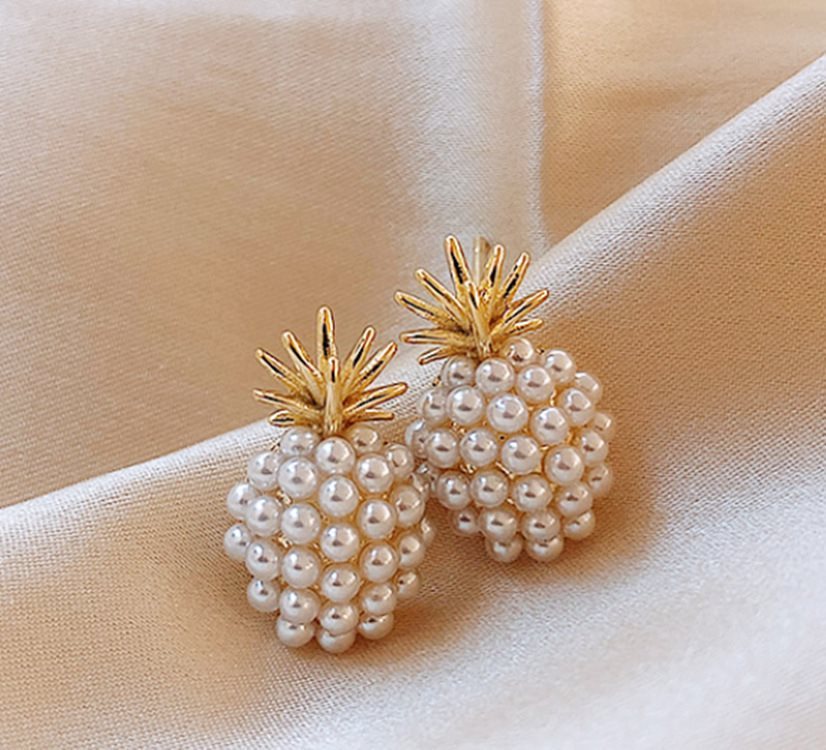 Tropical Luxe Pineapple Pearl Drop Earrings | Electroplated Gold Finish with Faux Gem Inlay Feminé Luxé