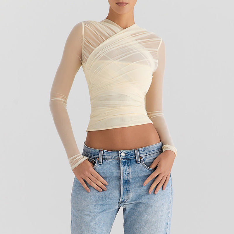 The Allure Crisscross Mesh Top – Long Sleeve Sculptural Design Feminé Luxé