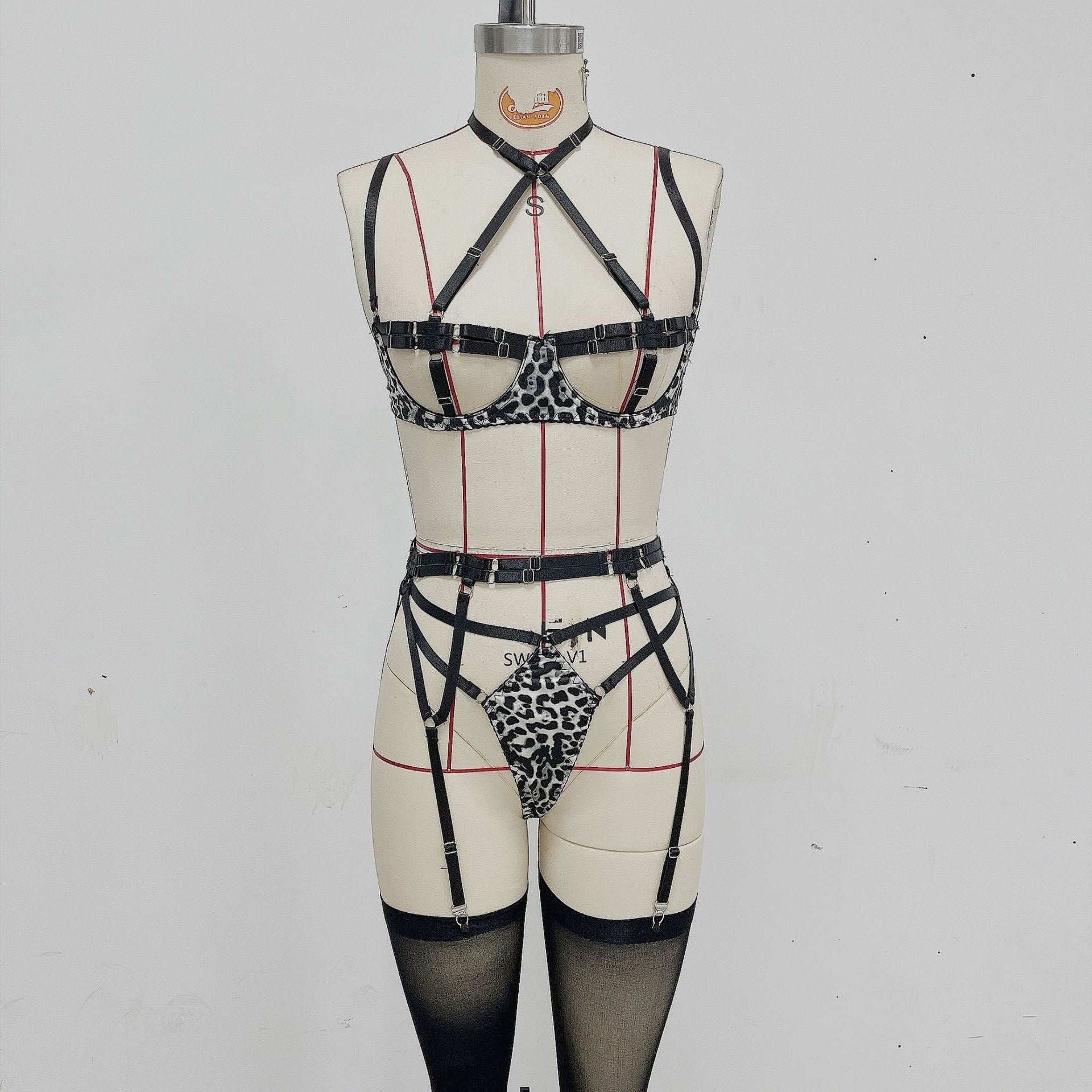 Leopard Print Strappy Lingerie Set | Lace-Up Corset Bra & Garter Feminé Luxé