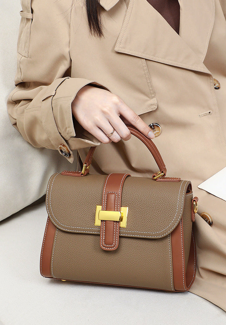 Light Luxury Genuine Leather Top-Handle Bag – Sophisticated Contrast-Color Satchel Feminé Luxé