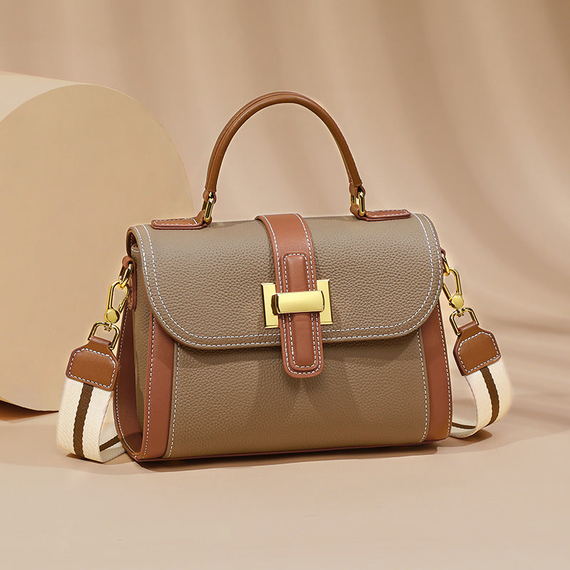 Light Luxury Genuine Leather Top-Handle Bag – Sophisticated Contrast-Color Satchel Feminé Luxé