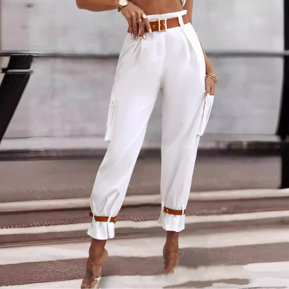 Luxe High-Waist Wide-Leg Cargo Trousers with Contrast Belt Feminé Luxé