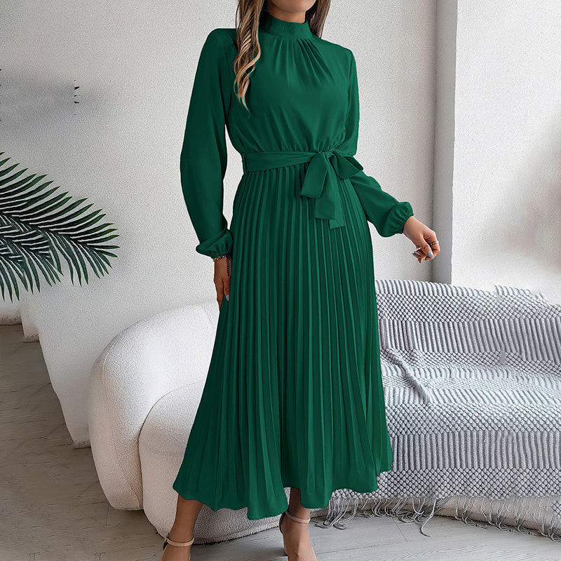 Elegant High Neck Pleated Maxi Dress - Long Sleeve Flowy Evening & Prom Event Gown Feminé Luxé
