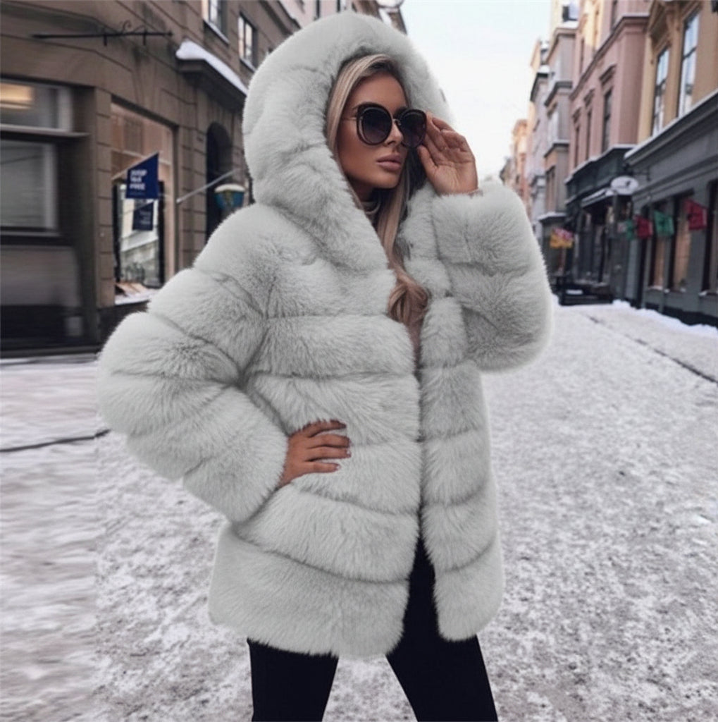 Luxury Fluffy Faux Fur Hooded Winter Coat Feminé Luxé