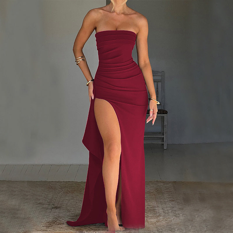 Elegant Strapless High Slit Pleated Maxi Gown | Formal Bridesmaid & Evening Party Dress Feminé Luxé